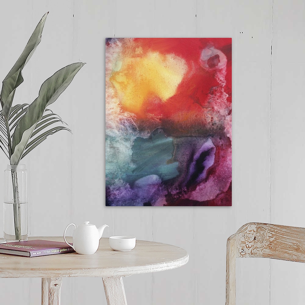 A farmhouse room featuring Abstract artwork that is filled with fluid colors of reds, yellows, magenta, violet and blue acce...