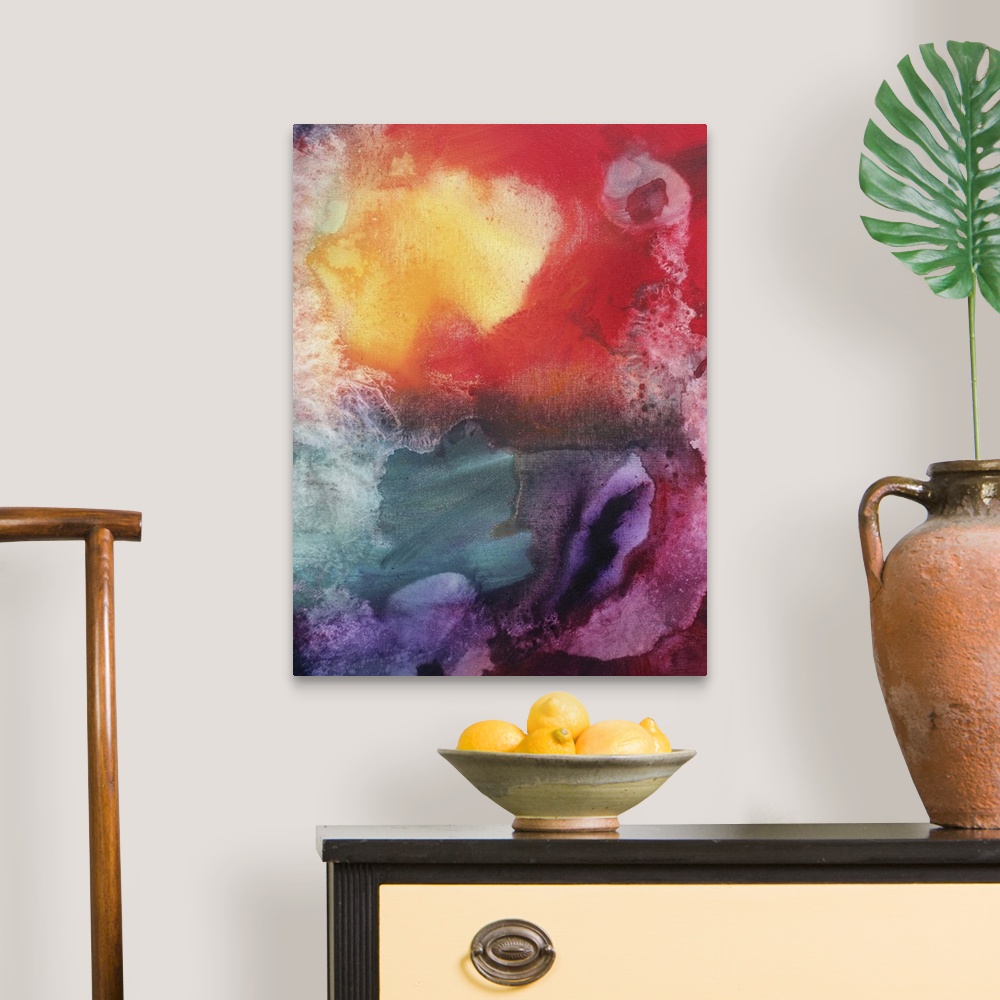 A traditional room featuring Abstract artwork that is filled with fluid colors of reds, yellows, magenta, violet and blue acce...