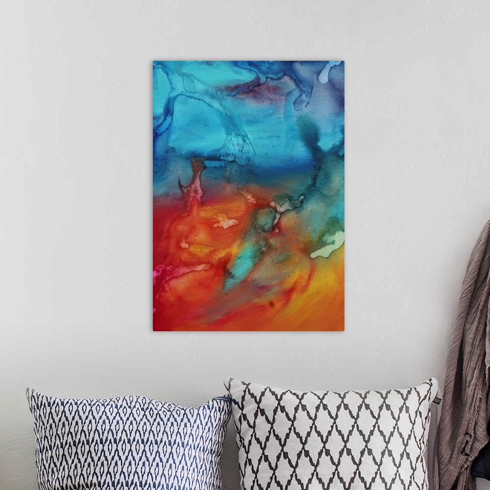 A bohemian room featuring Vertical abstract painting of cool colors merging into warm colors.