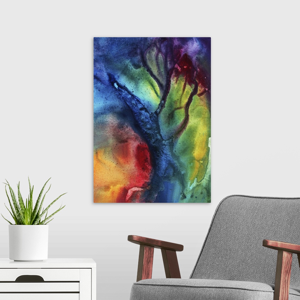 A modern room featuring Abstract artwork that has fluid colors of reds, yellows, magenta, violet and blue accented with b...