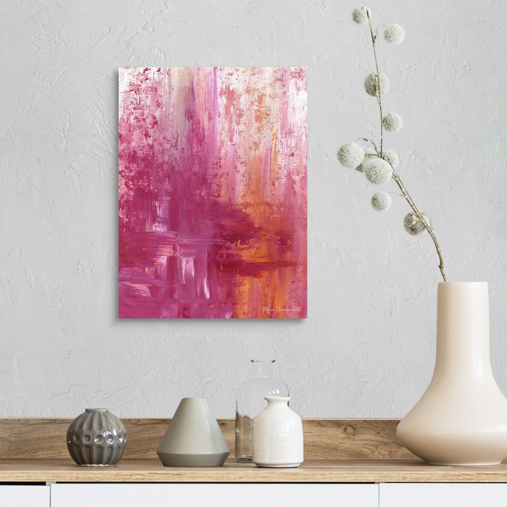 A farmhouse room featuring A fun and bright contemporary abstract painting with a variety of heavy pink hues mixed with a bi...