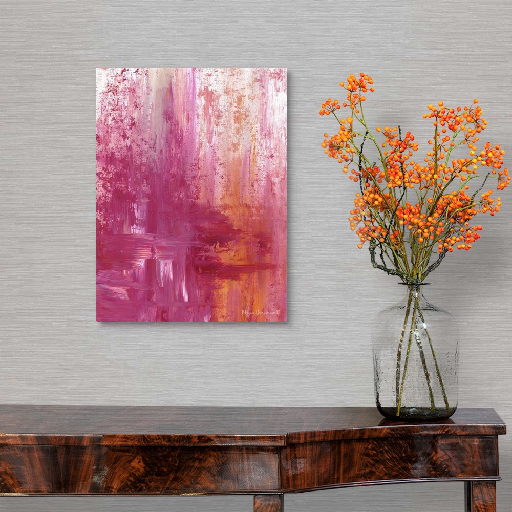 A traditional room featuring A fun and bright contemporary abstract painting with a variety of heavy pink hues mixed with a bi...