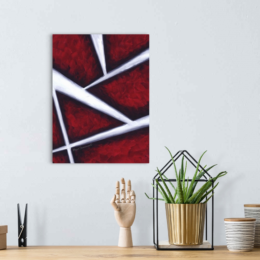 A bohemian room featuring A contemporary abstract painting that has bright red brushstrokes underneath bold white lines mov...