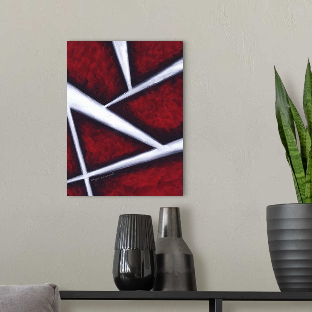 A modern room featuring A contemporary abstract painting that has bright red brushstrokes underneath bold white lines mov...