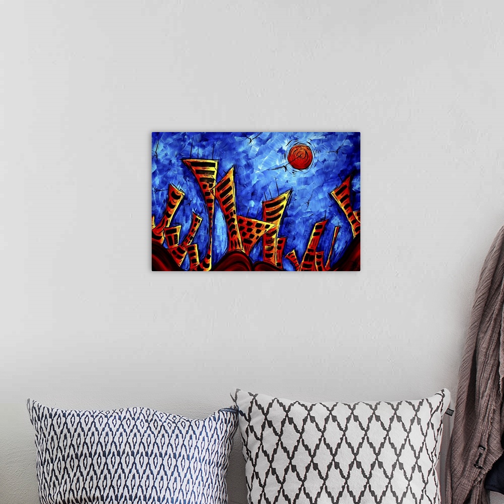 A bohemian room featuring Modern abstract painting of a rolling hills city skyline with large buildings and a bright sun sh...