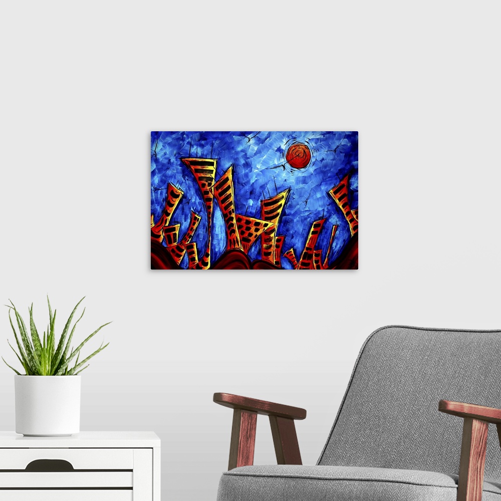 A modern room featuring Modern abstract painting of a rolling hills city skyline with large buildings and a bright sun sh...
