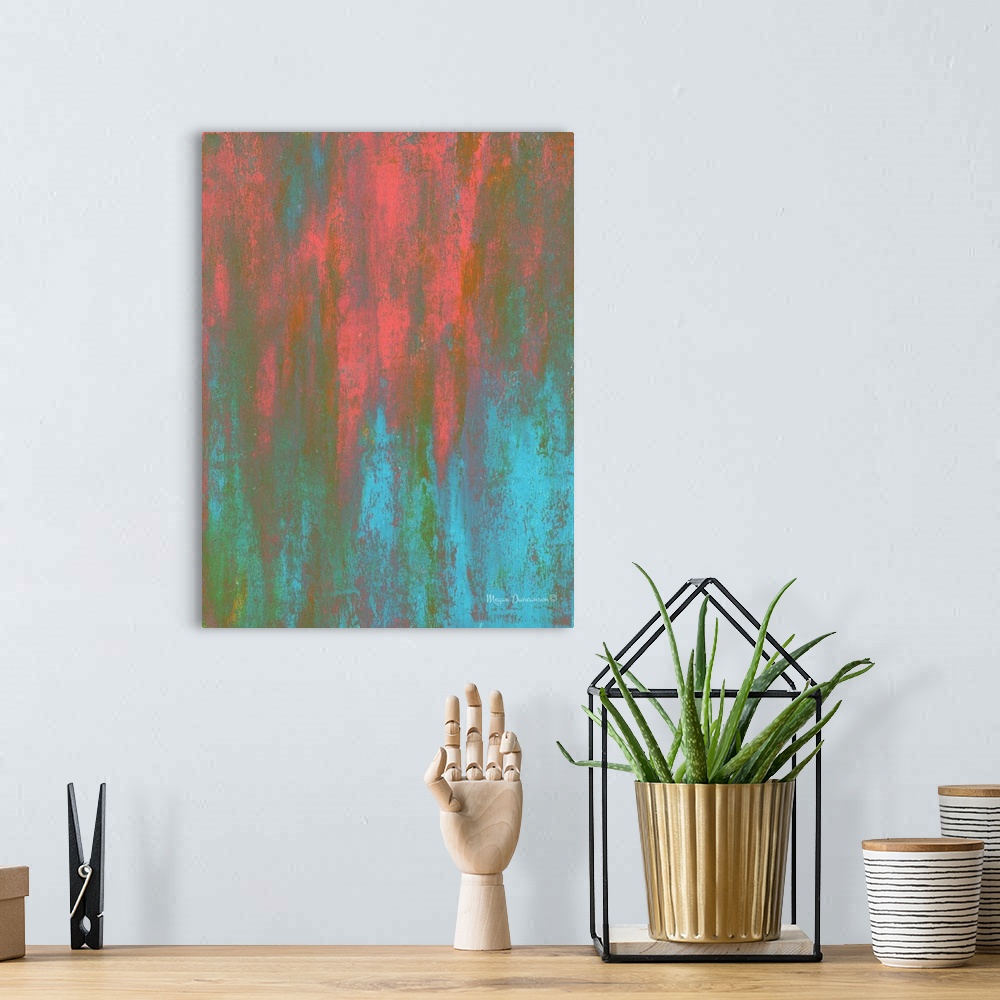 A bohemian room featuring A bright contemporary abstract painting that has beautiful tones of pink, orange, blue, and green...