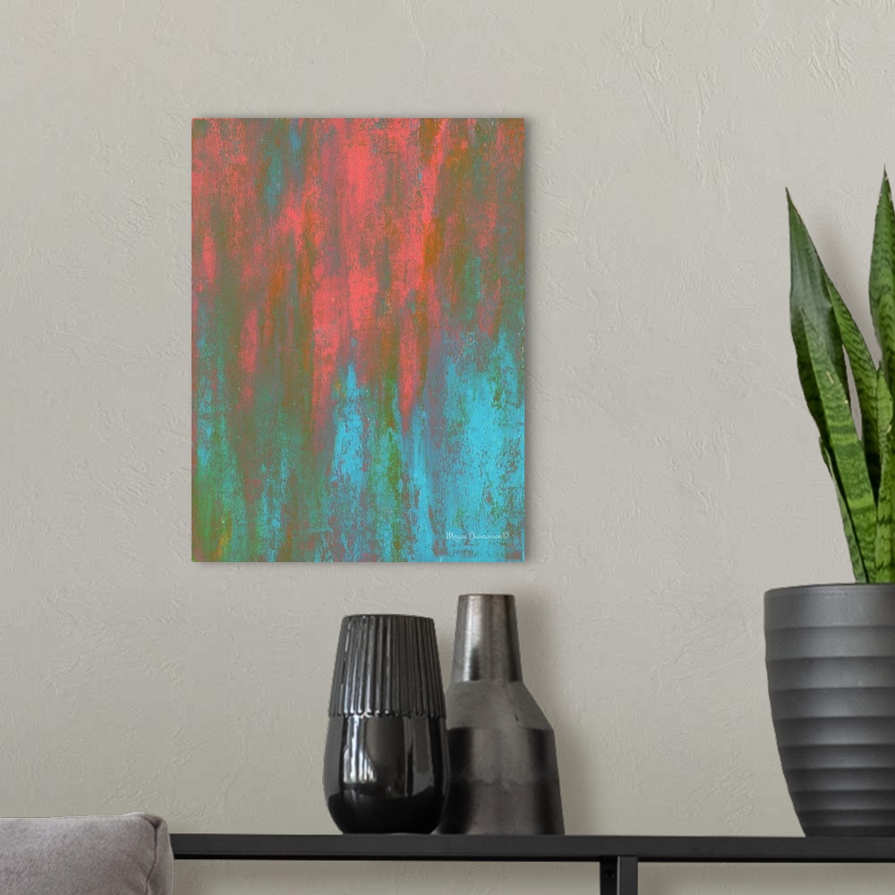 A modern room featuring A bright contemporary abstract painting that has beautiful tones of pink, orange, blue, and green...