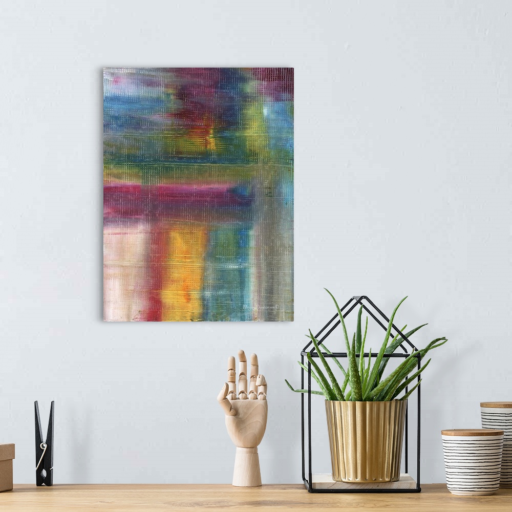 A bohemian room featuring A bright contemporary abstract painting using all of the colors from the rainbow together in both...
