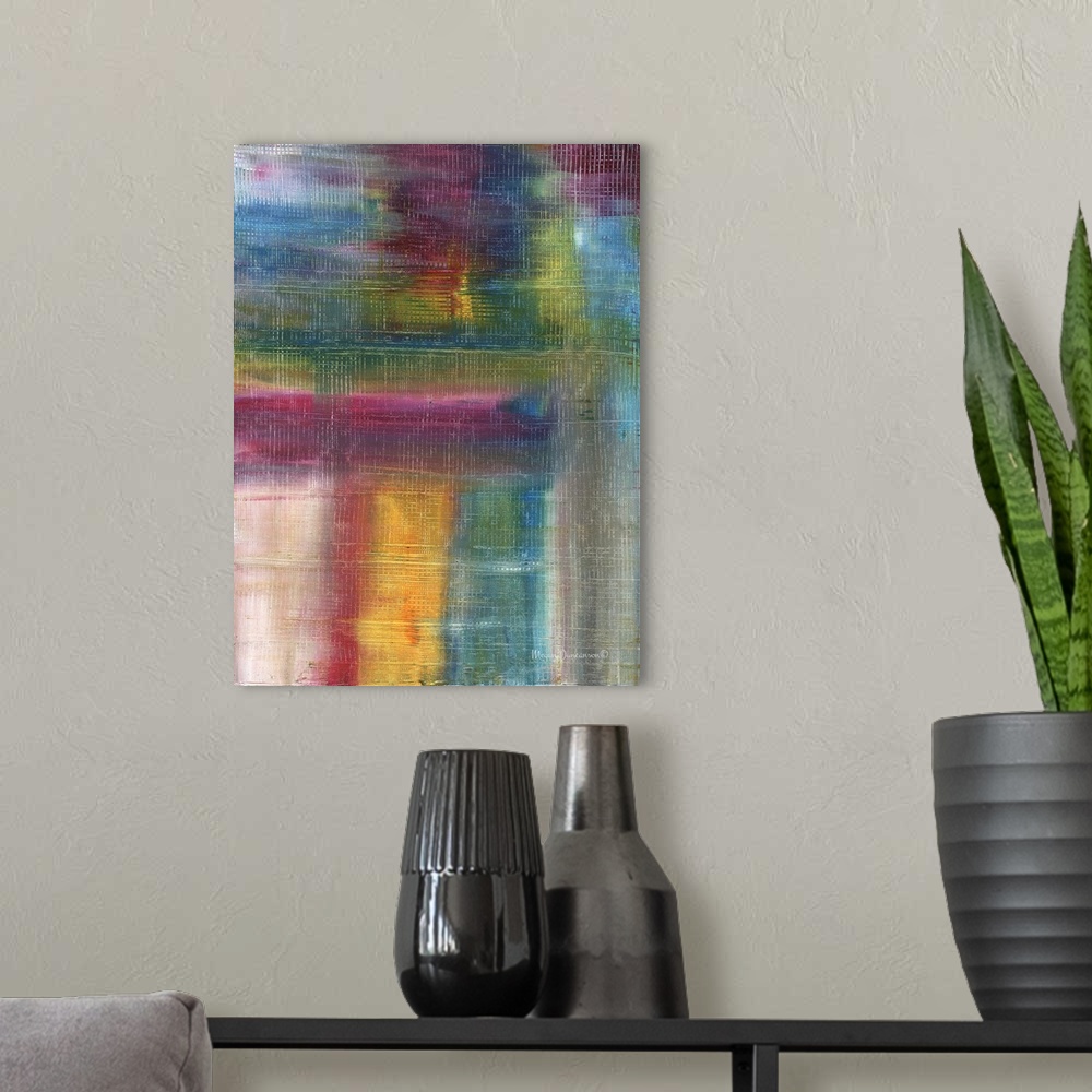 A modern room featuring A bright contemporary abstract painting using all of the colors from the rainbow together in both...