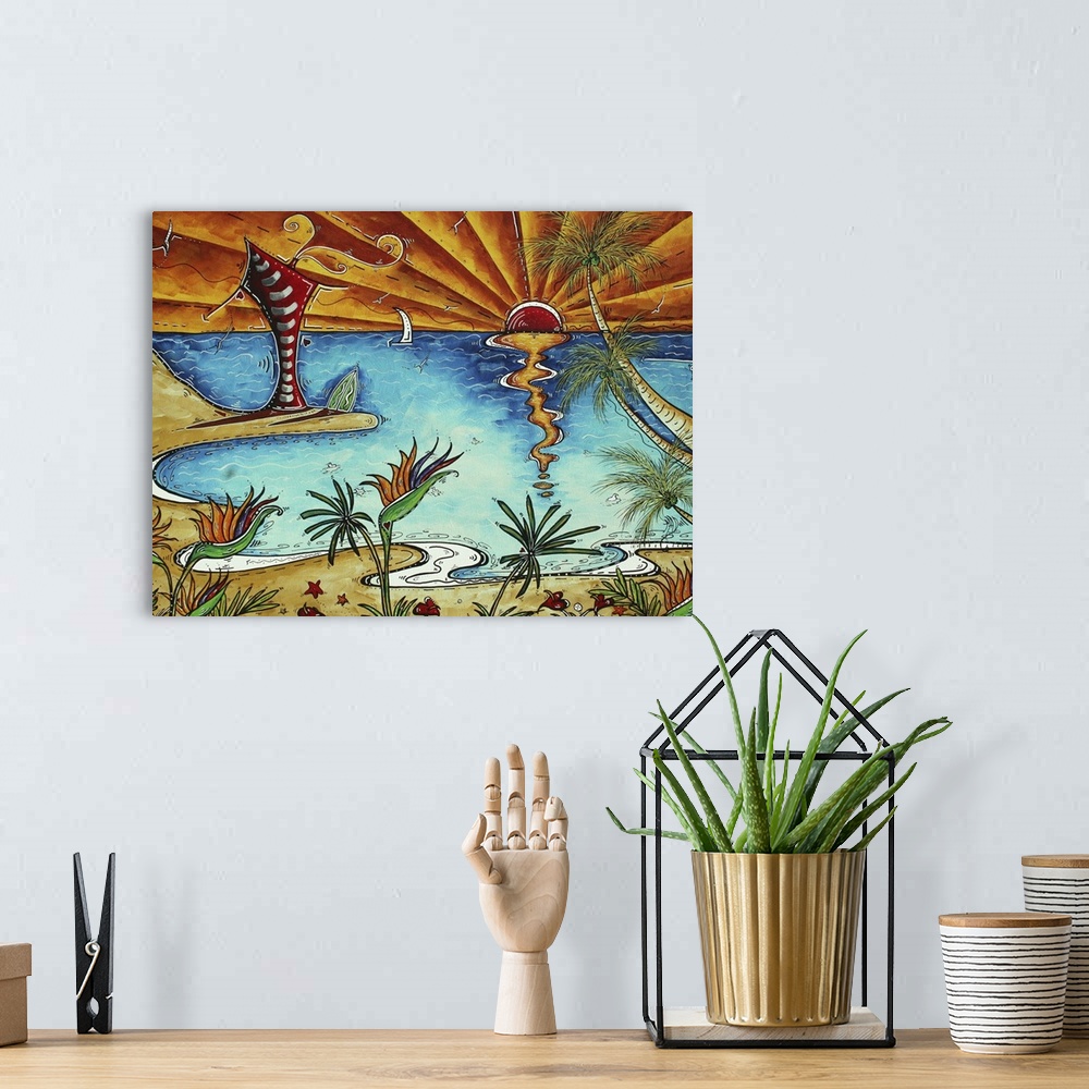 A bohemian room featuring This Original and Sophisticated Whimsical Surf Painting is in MADART's Signature Style, a style o...