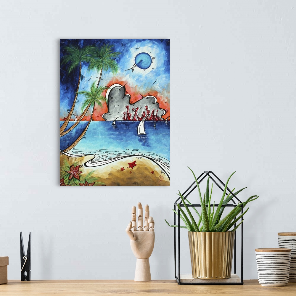 A bohemian room featuring A unique, original, abstract Coastal, Tropical painting in MADART's signature style. This paintin...