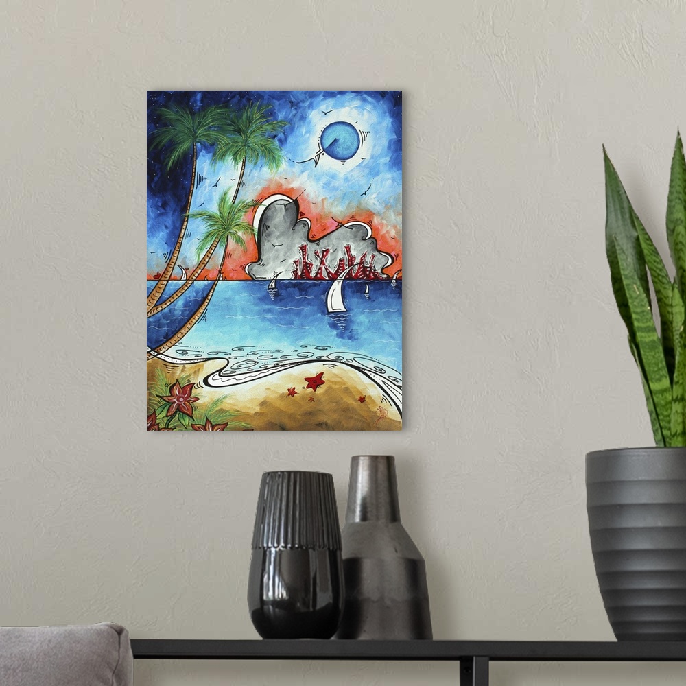 A modern room featuring A unique, original, abstract Coastal, Tropical painting in MADART's signature style. This paintin...