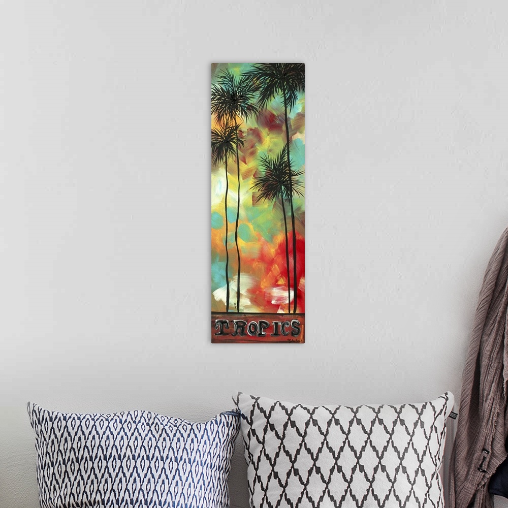 A bohemian room featuring Decorative tropical palm tree painting with bold colors creating contrast against the black silho...