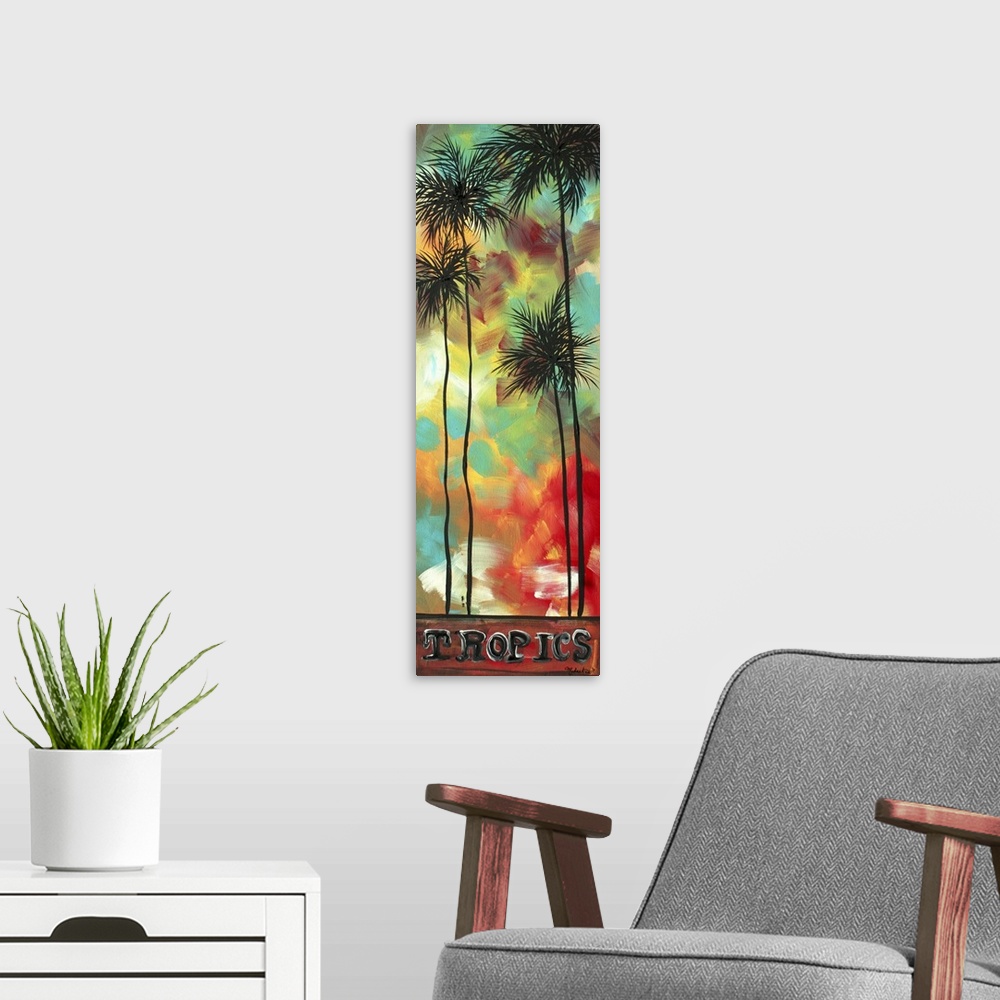 A modern room featuring Decorative tropical palm tree painting with bold colors creating contrast against the black silho...