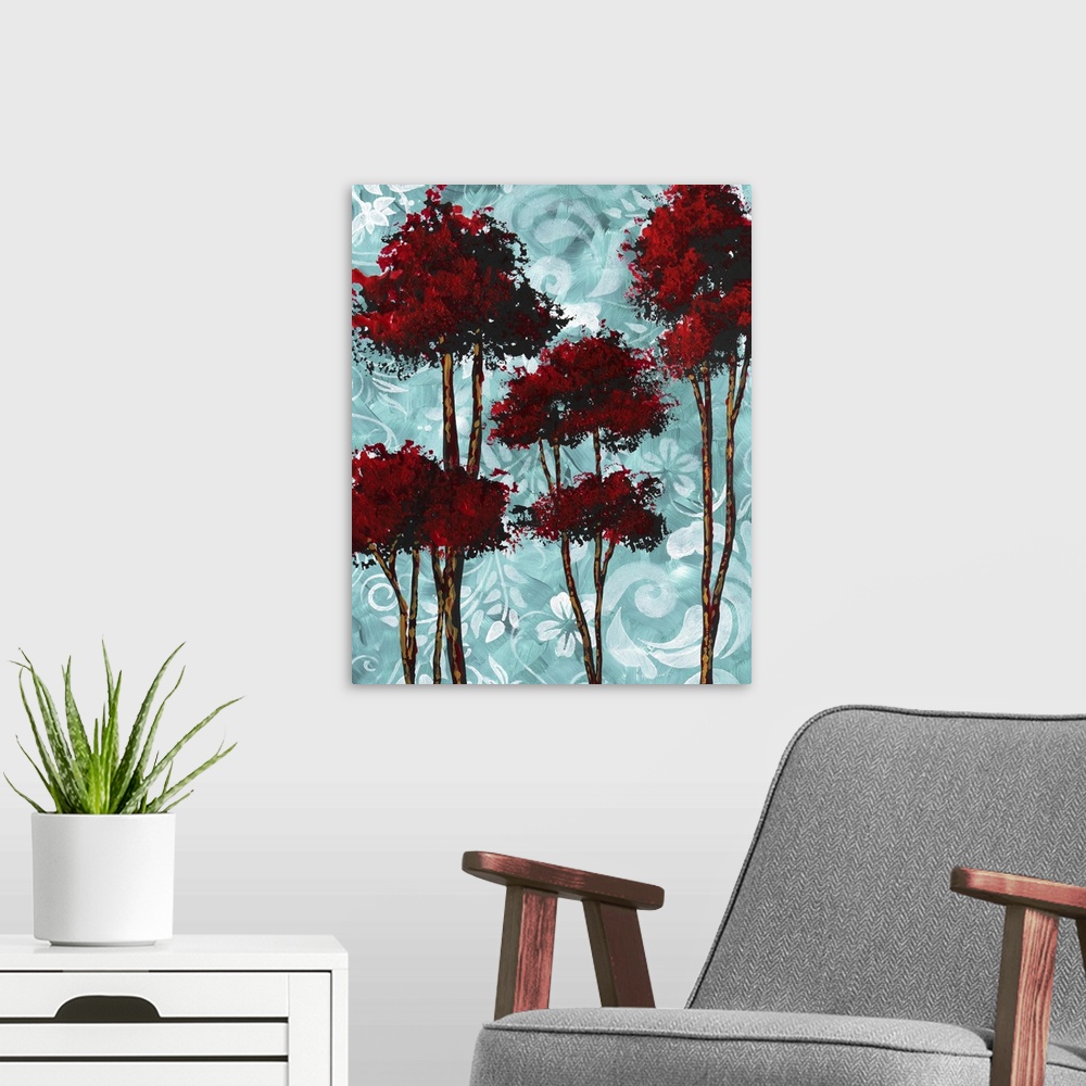 A modern room featuring Turquoise Florals I Red Trees