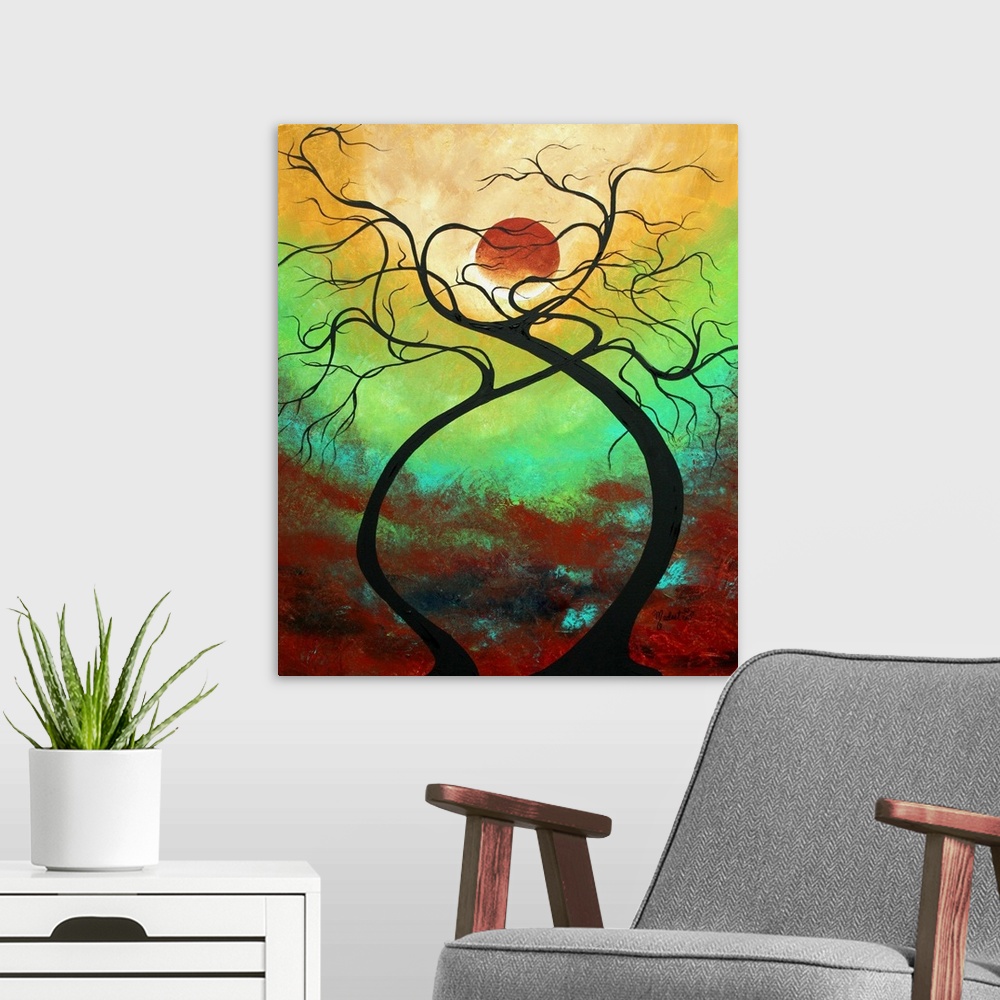 A modern room featuring Contemporay abstract painting of curving tree trunks and branches against a bright sky.