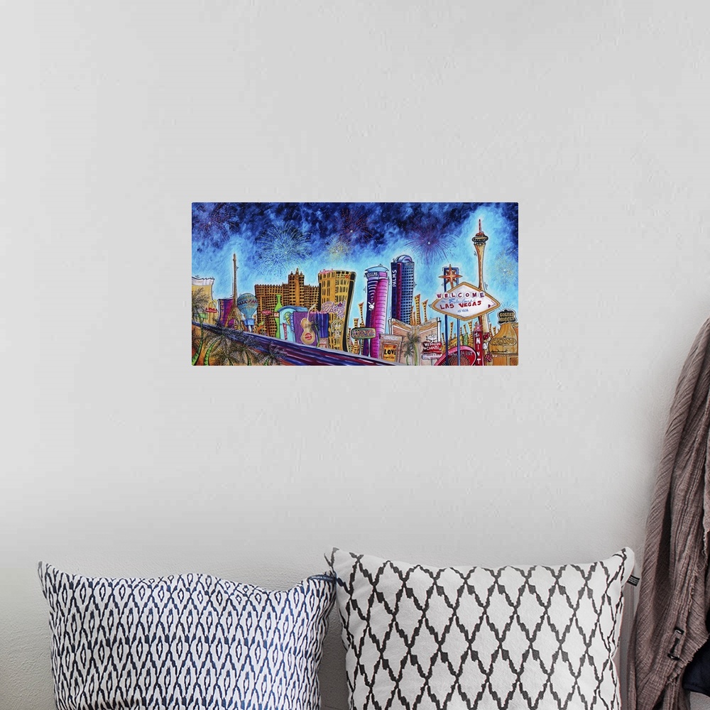 A bohemian room featuring Contemporary painting of the Las Vegas city skyline.