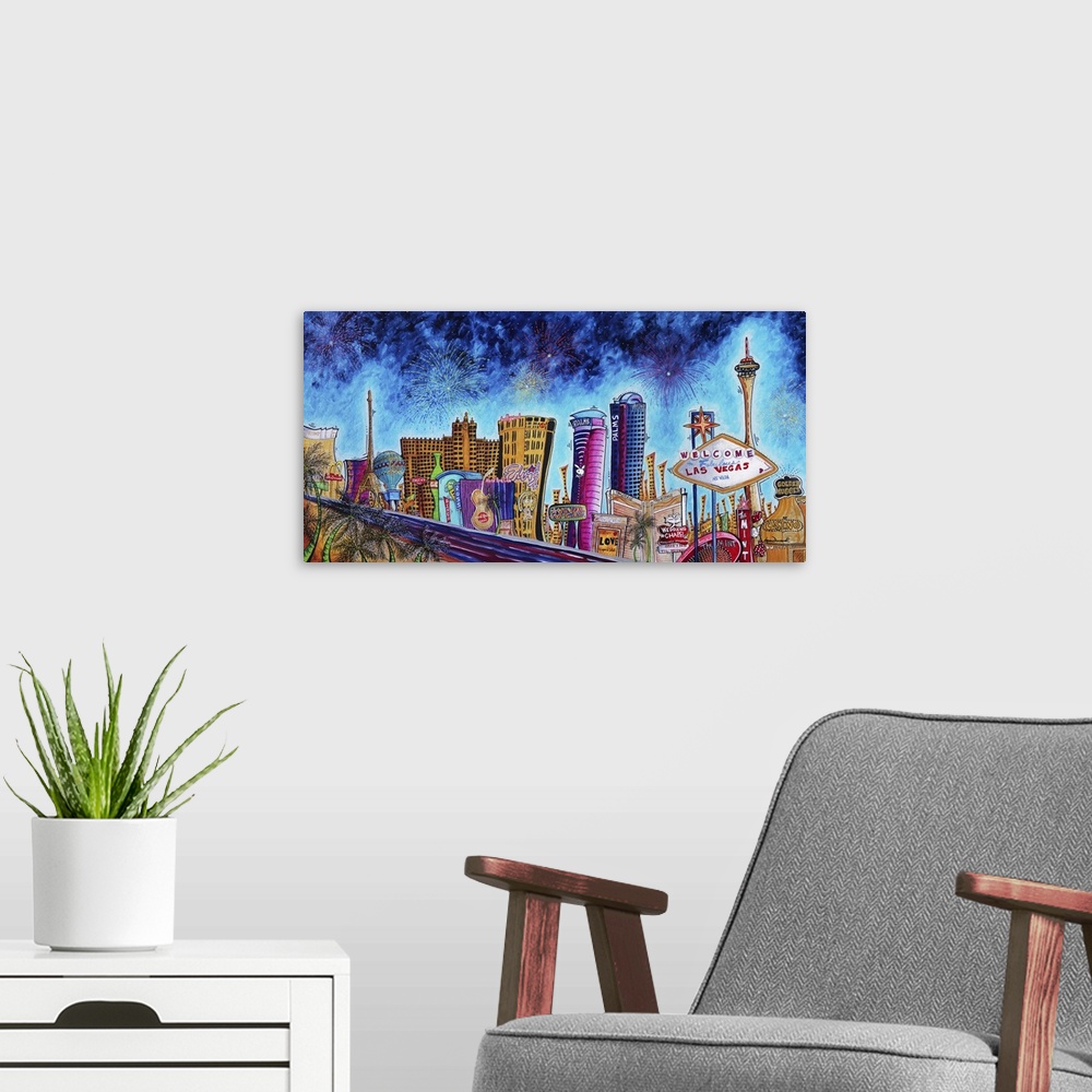 A modern room featuring Contemporary painting of the Las Vegas city skyline.