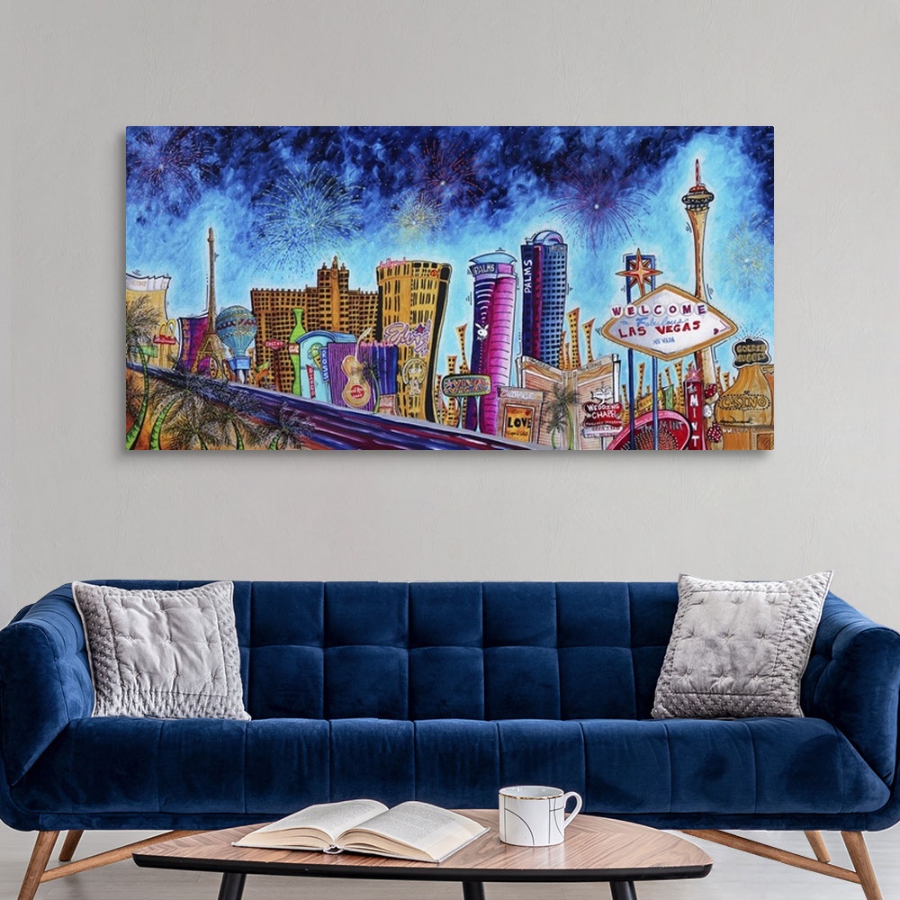 A modern room featuring Contemporary painting of the Las Vegas city skyline.
