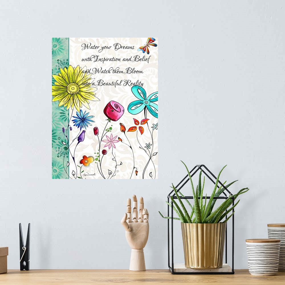 A bohemian room featuring Illustration of several colorful flowers in full bloom with an inspirational quote.