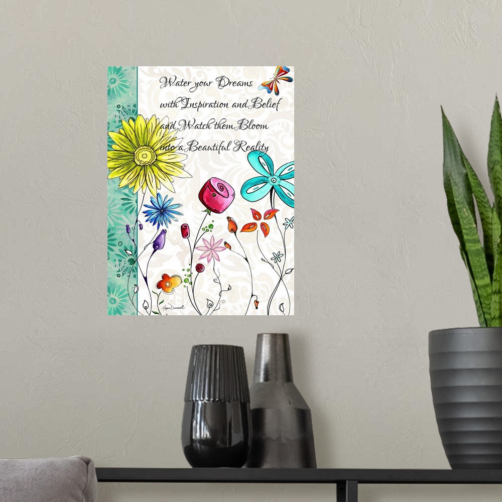 A modern room featuring Illustration of several colorful flowers in full bloom with an inspirational quote.