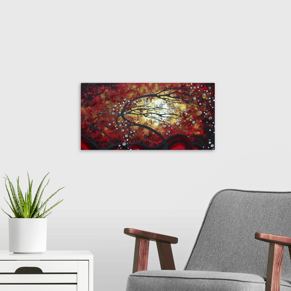 A modern room featuring This decorative accent for the home or office is an abstract painting of a surreal tree bending i...