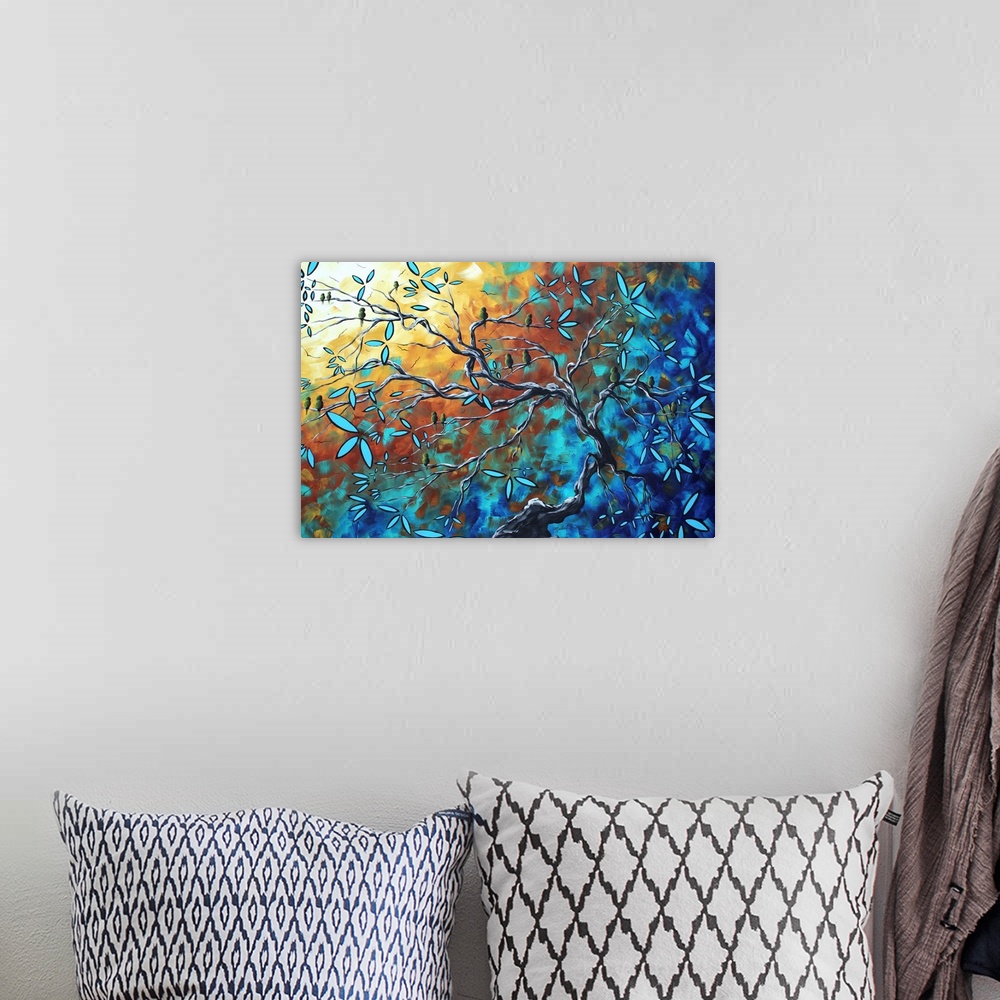 A bohemian room featuring Abstract painting of a tree with blooming flowers on it's branches against a background splashed ...