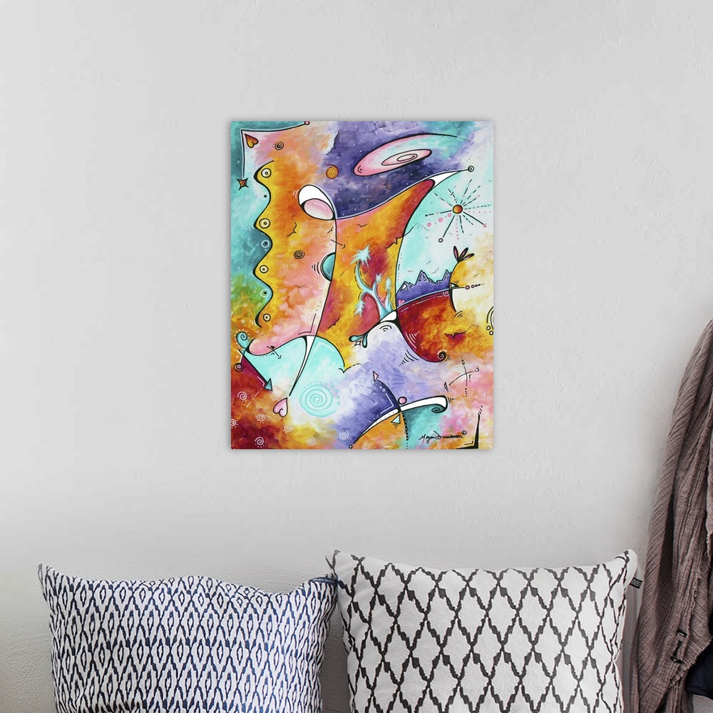 A bohemian room featuring Contemporary abstract painting using vibrant colors to create depth.