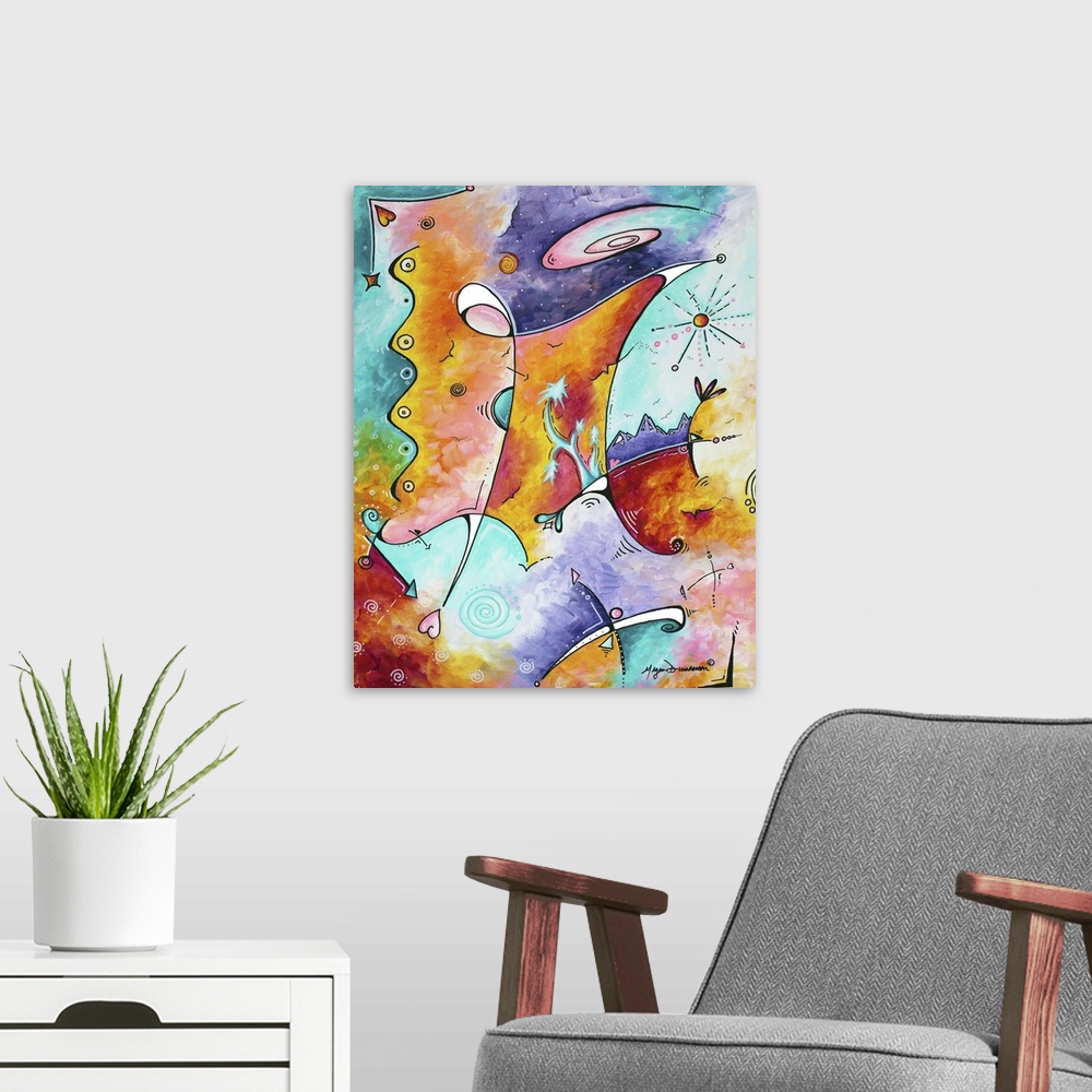 A modern room featuring Contemporary abstract painting using vibrant colors to create depth.