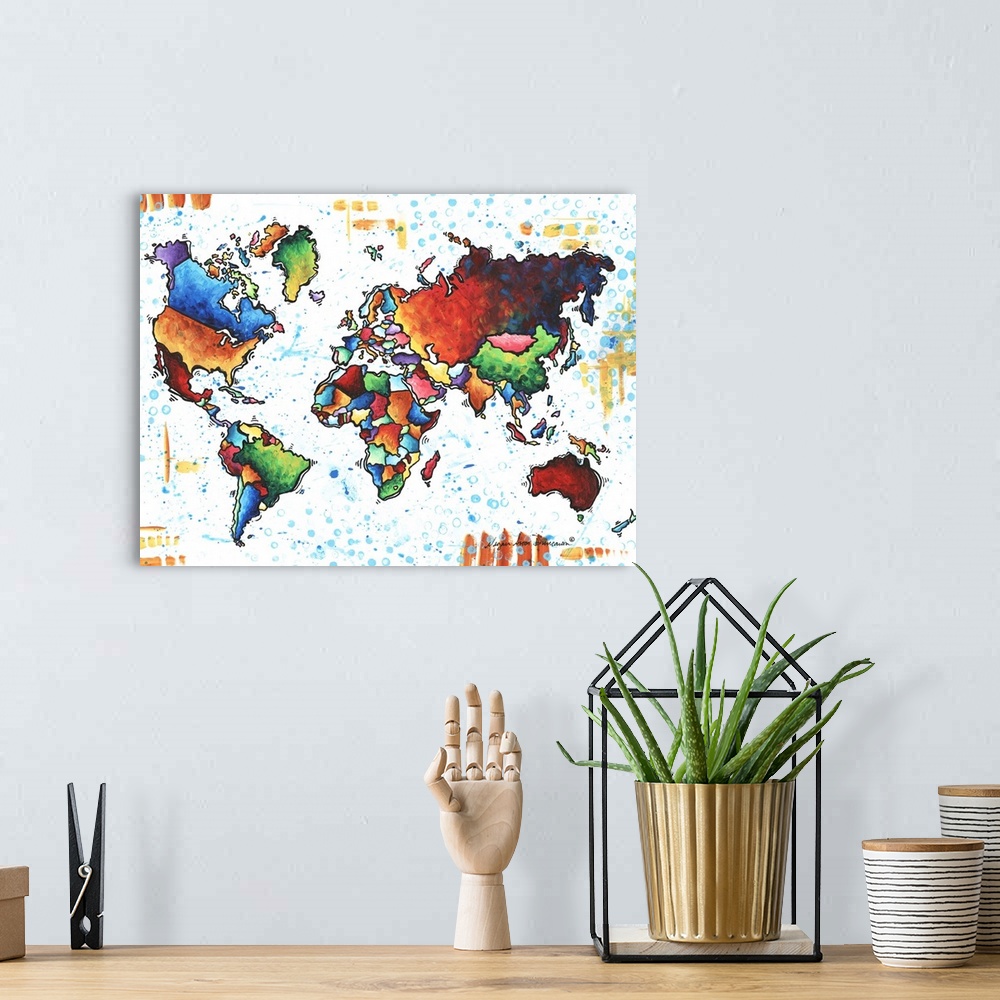 A bohemian room featuring Contemporary painting of a colorful world map against a white background.
