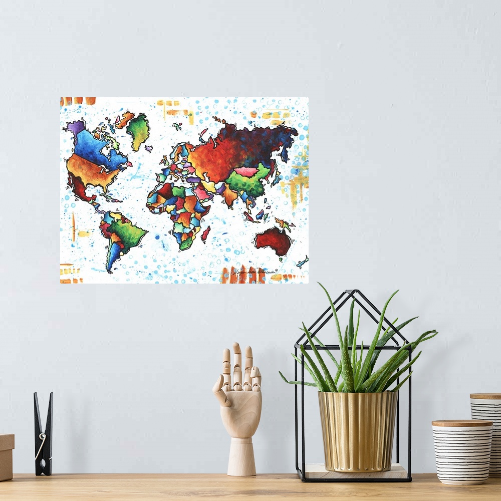 A bohemian room featuring Contemporary painting of a colorful world map against a white background.