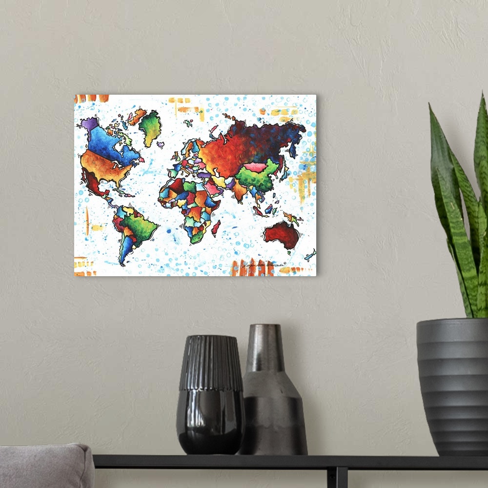 A modern room featuring Contemporary painting of a colorful world map against a white background.