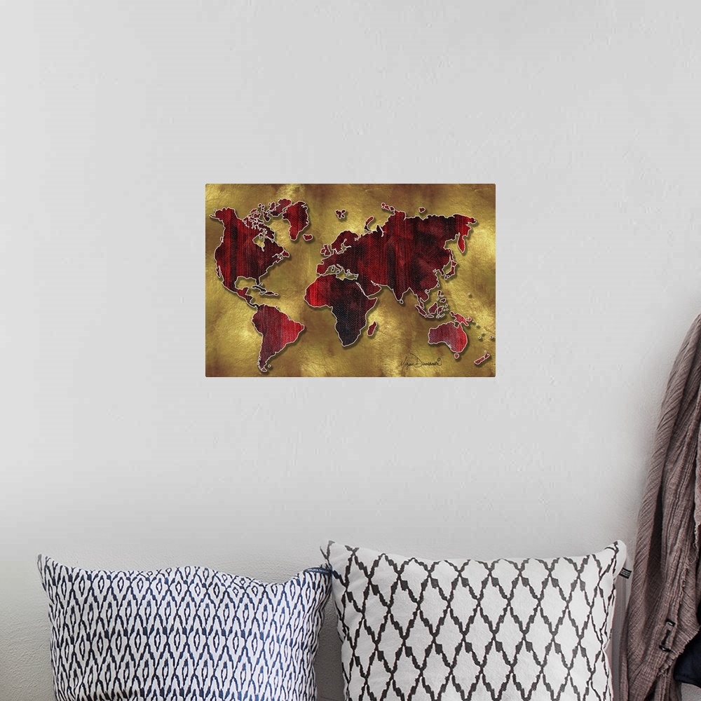 A bohemian room featuring Contemporary painting of a world map in red tones against an earth toned background.