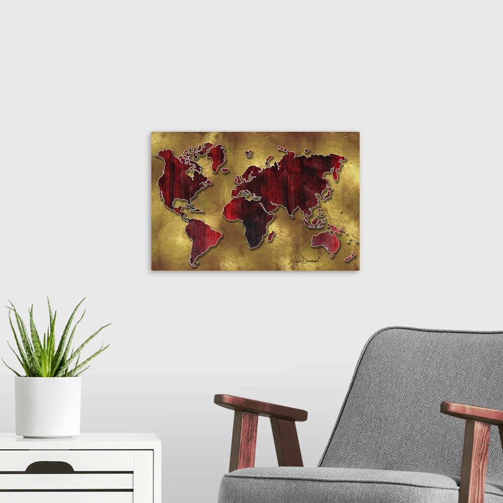 A modern room featuring Contemporary painting of a world map in red tones against an earth toned background.