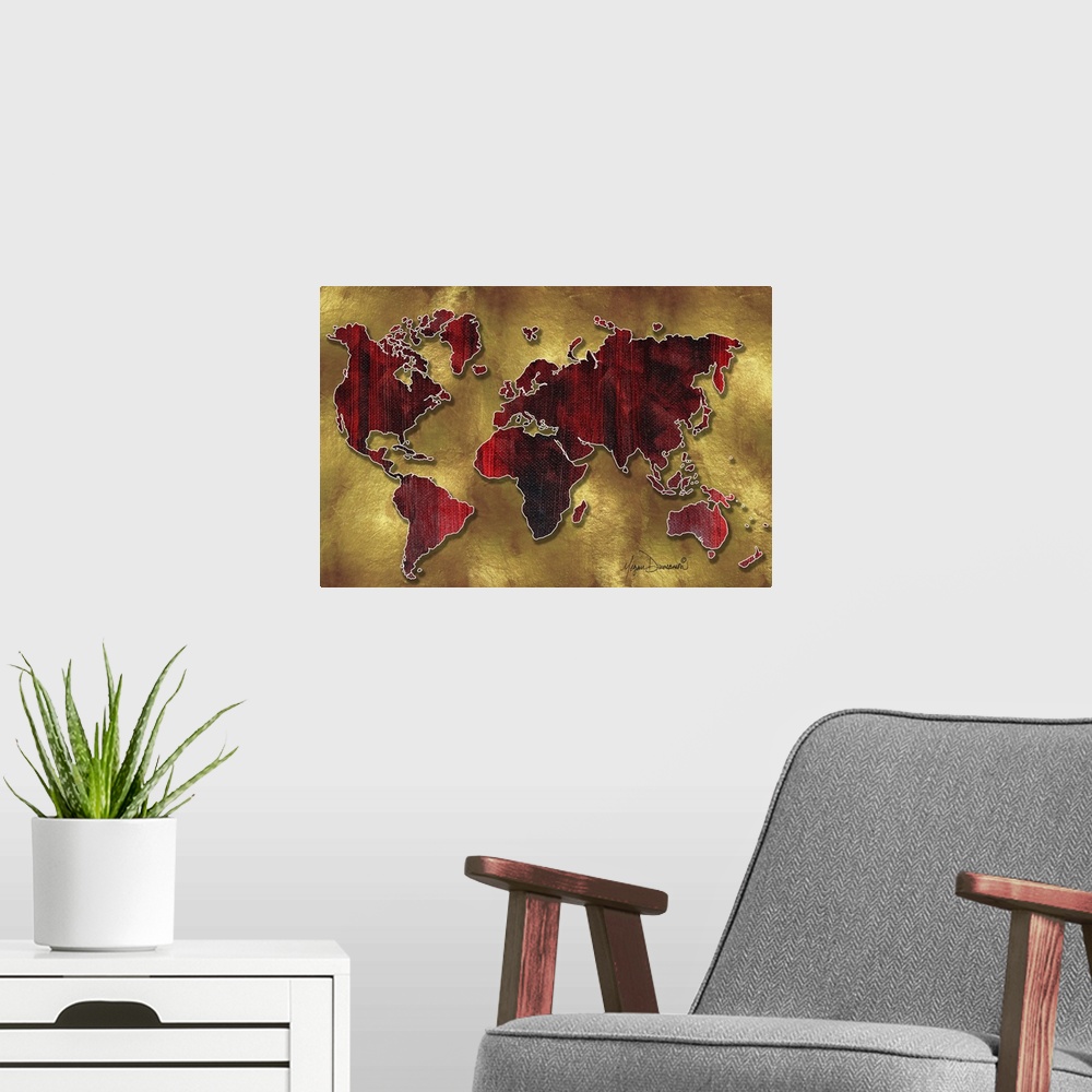 A modern room featuring Contemporary painting of a world map in red tones against an earth toned background.