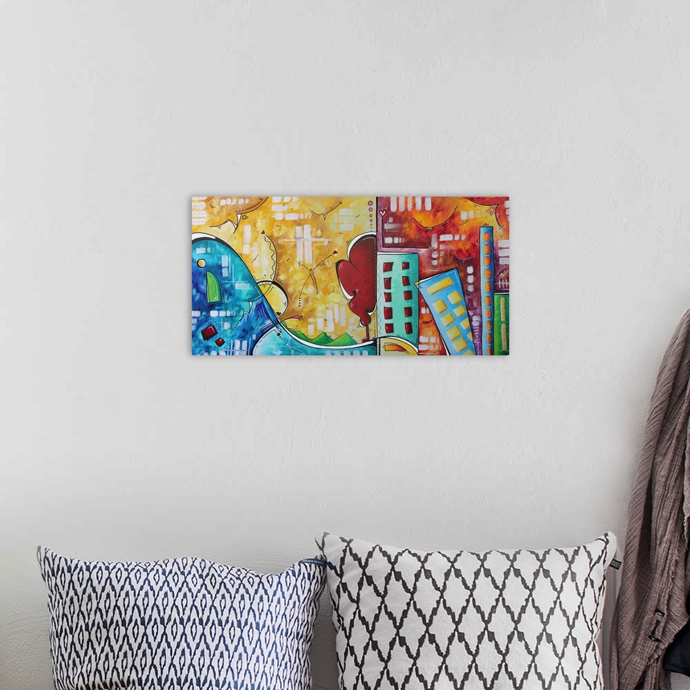A bohemian room featuring Contemporary painting of a suburban environment meeting an urban environment.