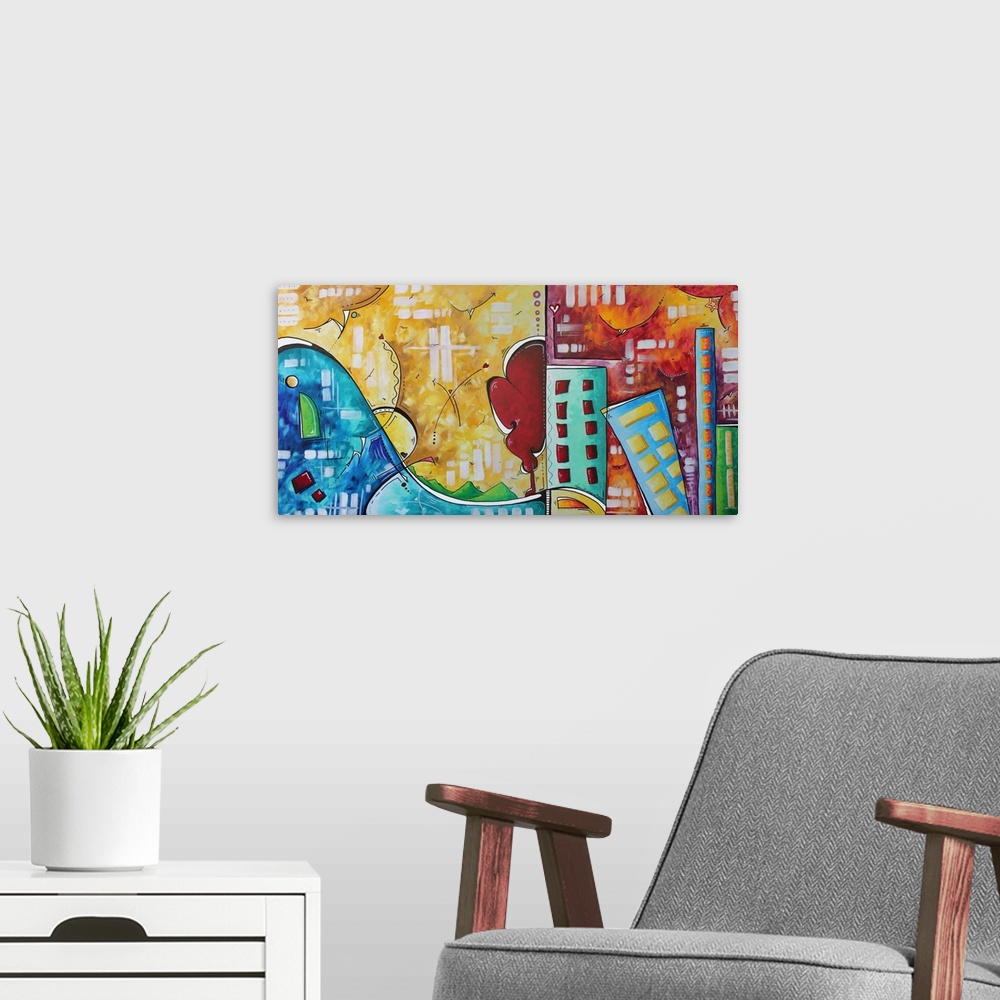 A modern room featuring Contemporary painting of a suburban environment meeting an urban environment.
