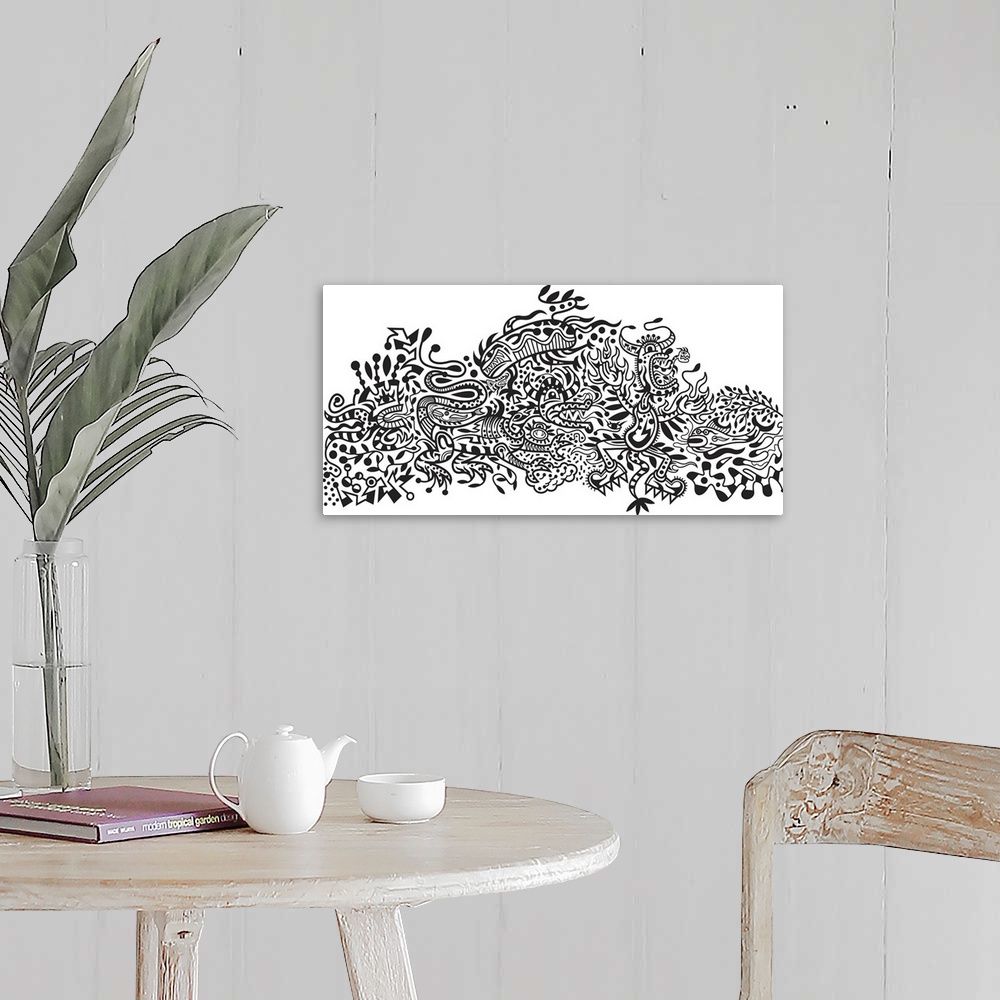 A farmhouse room featuring Contemporary mural artwork of monsters and other abstract figures in a confusion of monochromatic...