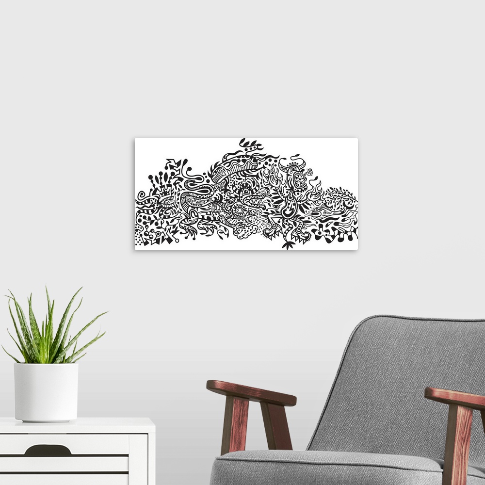 A modern room featuring Contemporary mural artwork of monsters and other abstract figures in a confusion of monochromatic...