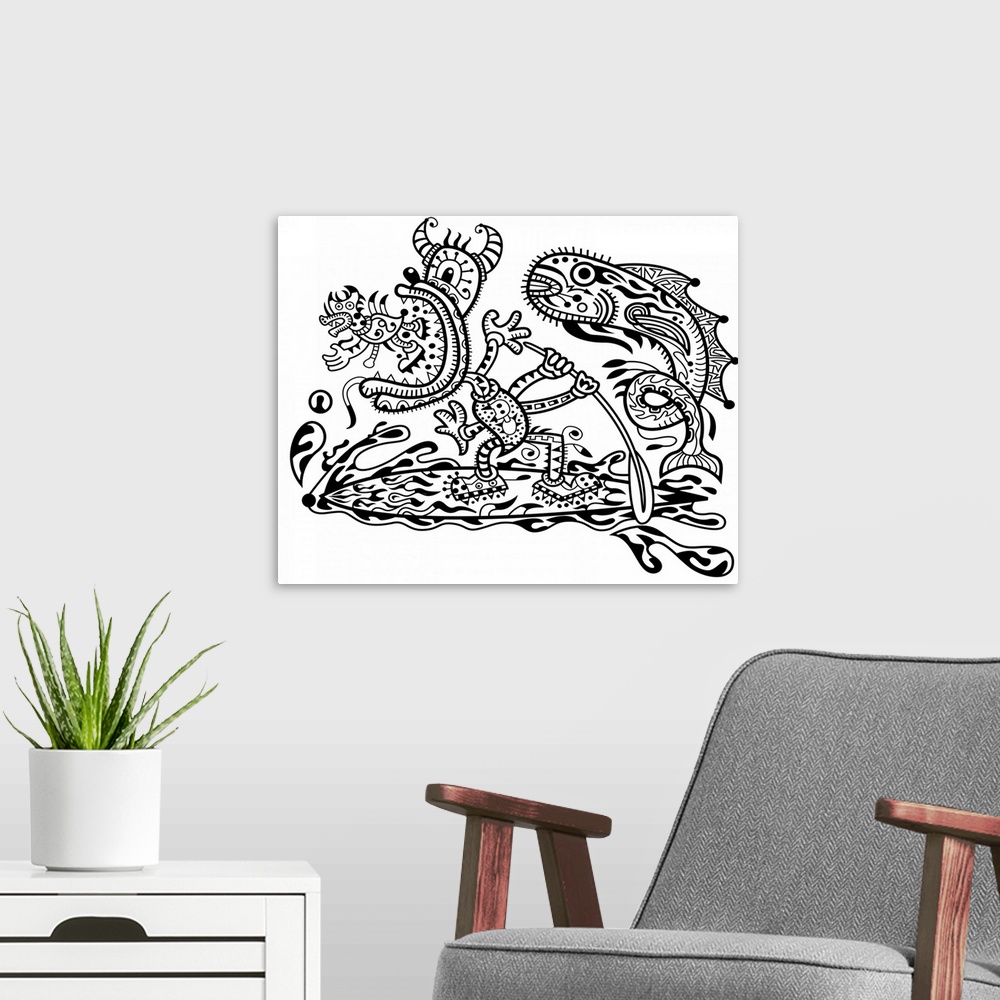 A modern room featuring Contemporary artwork of an intricately designed monster with horns paddle boarding, with a giant ...