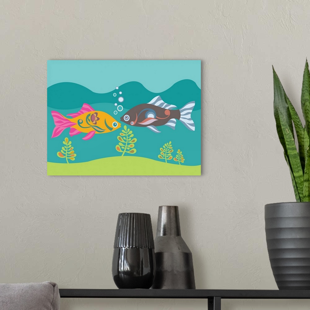 A modern room featuring Whimsy illustration of two fish underwater.