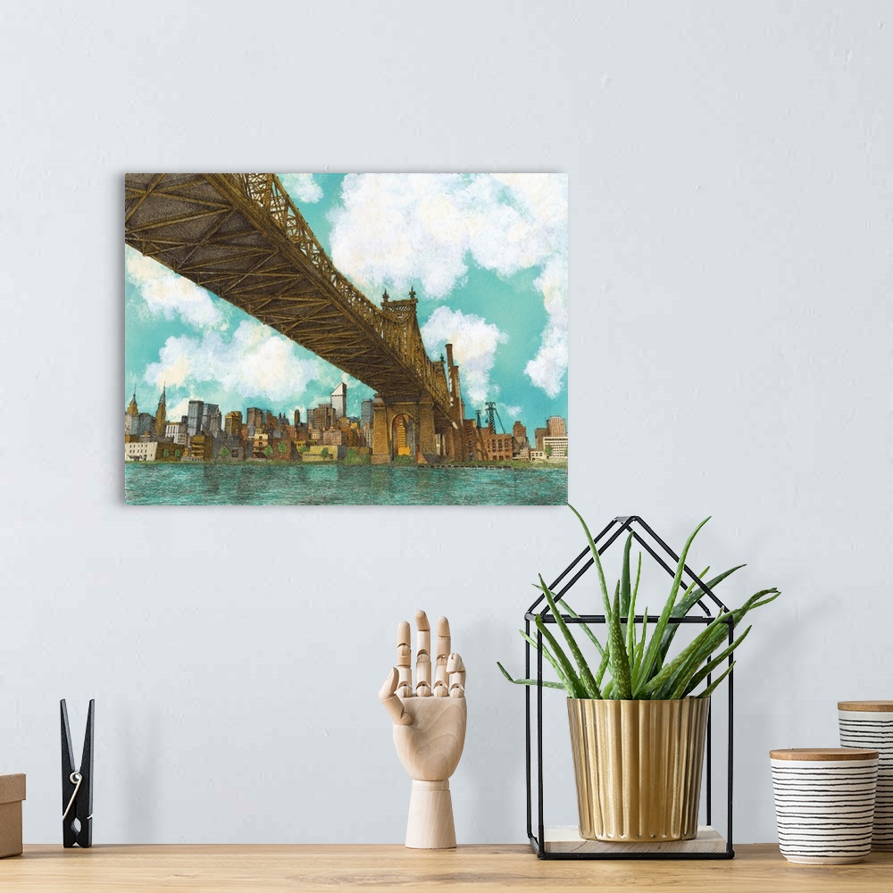 A bohemian room featuring Contemporary illustration of the 59th street bridge spanning the east river in New York city.