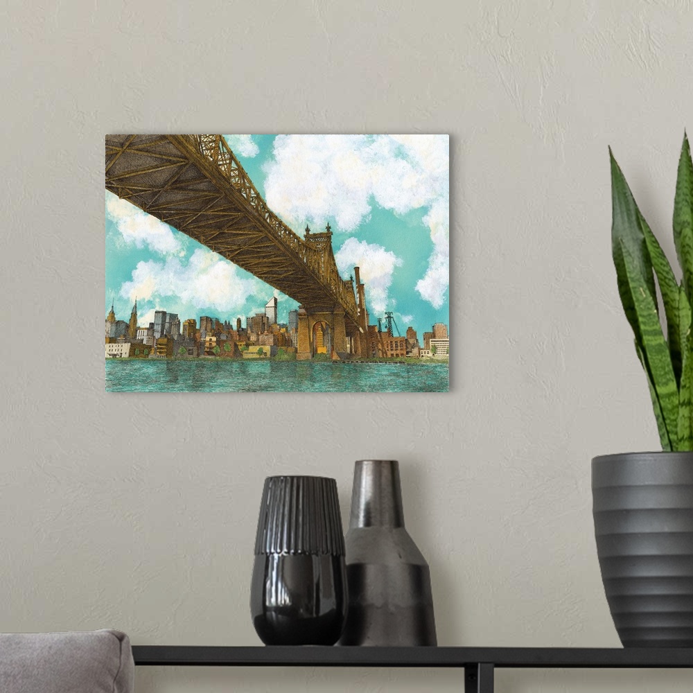 A modern room featuring Contemporary illustration of the 59th street bridge spanning the east river in New York city.