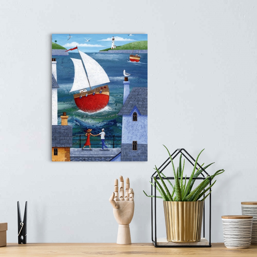 A bohemian room featuring Contemporary painting of a red sailboat sailing through a harbor town.