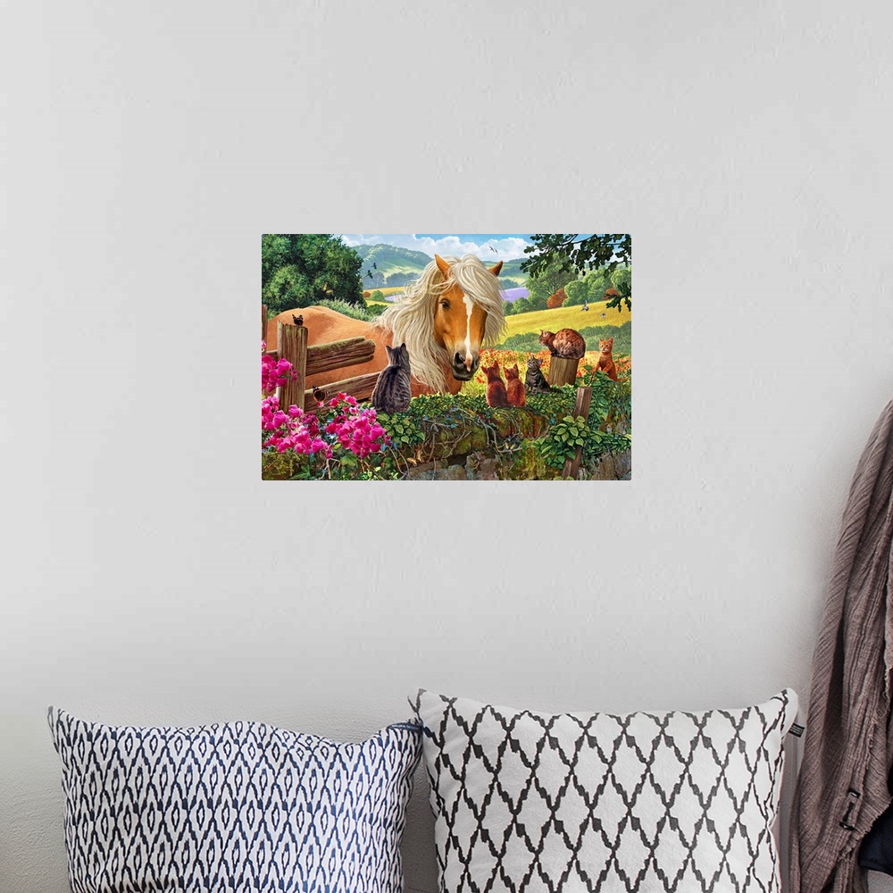 A bohemian room featuring A Wall In The Countryside Covered With Cats Looking At An Inquisitive Horse