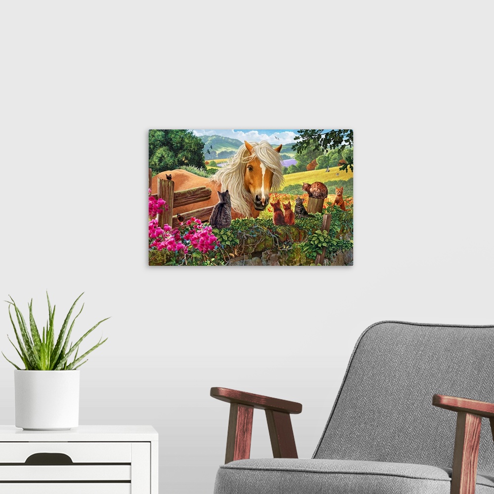 A modern room featuring A Wall In The Countryside Covered With Cats Looking At An Inquisitive Horse