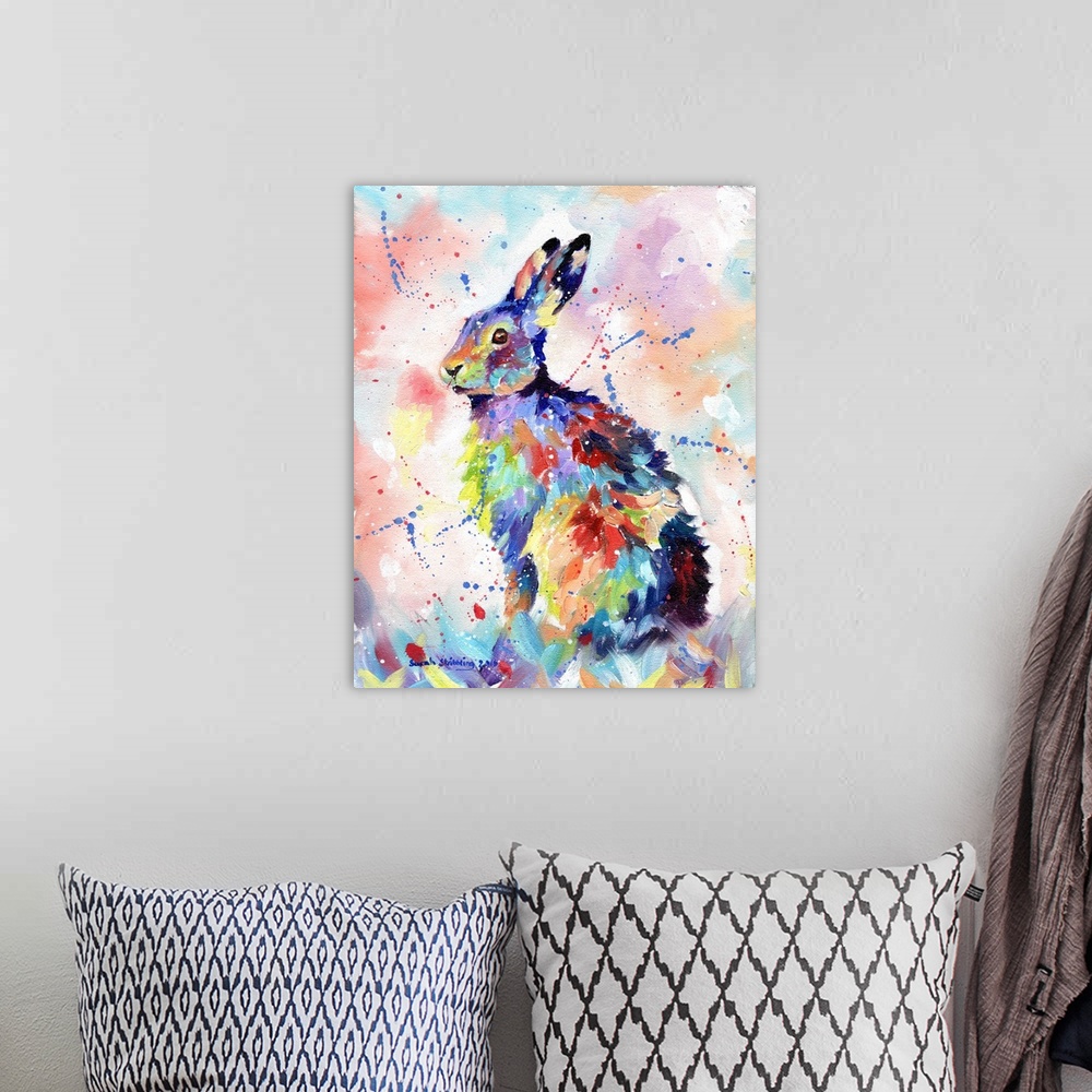 A bohemian room featuring Multicolored painting of an alert hare.