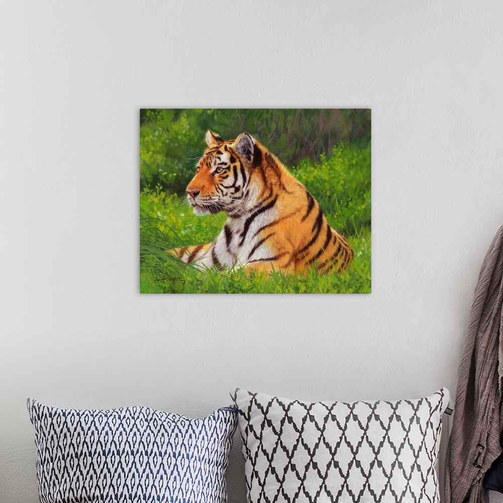 A bohemian room featuring Painting of a Siberian tiger laying on the grass looking proud and majestic.
