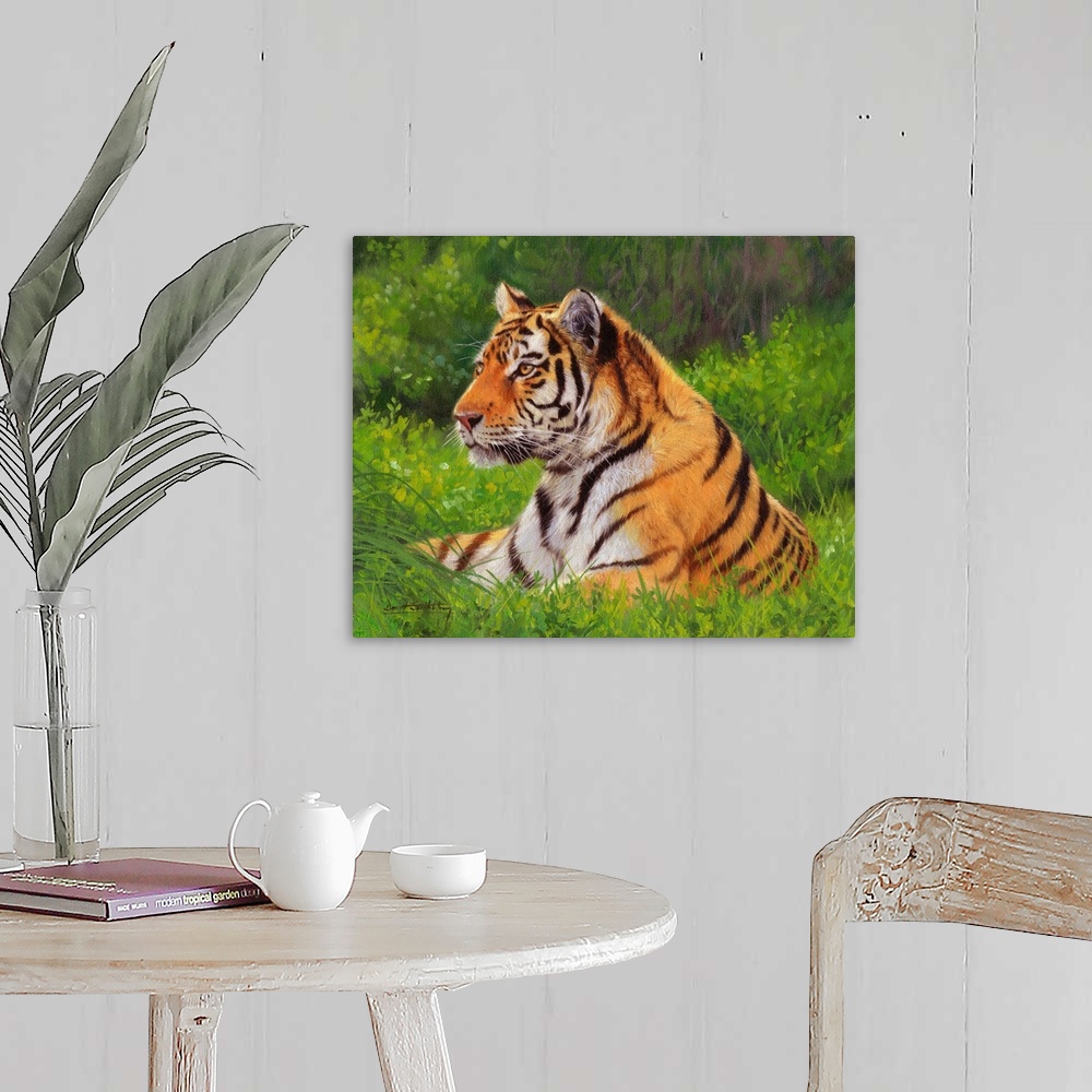 A farmhouse room featuring Painting of a Siberian tiger laying on the grass looking proud and majestic.